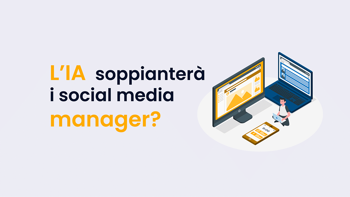 uomo piccolo seduto tra schermi giganti social media manager